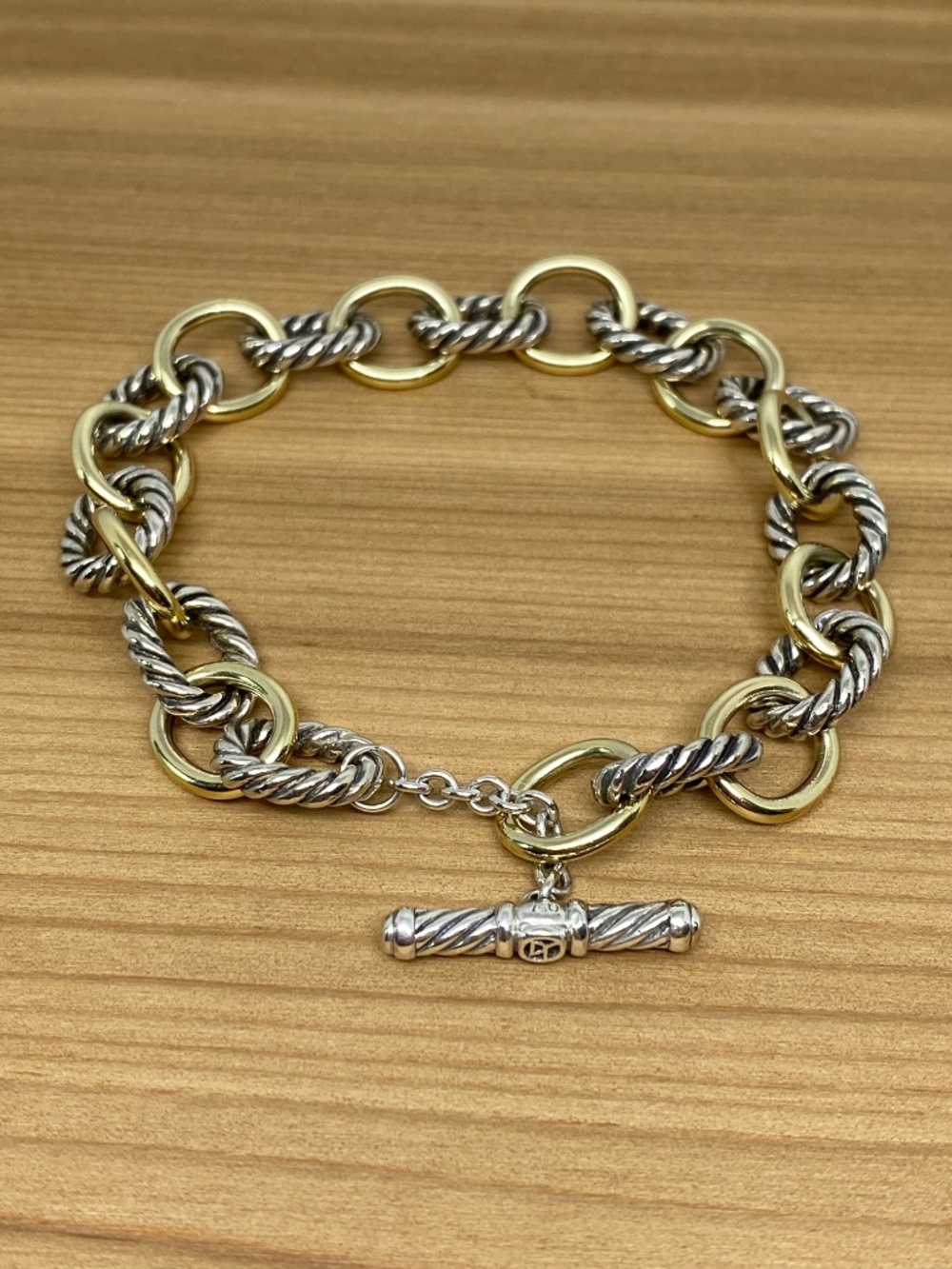 David Yurman Two-Tone Gold and Silver Cable Link Bracelet - Picture 9 of 10